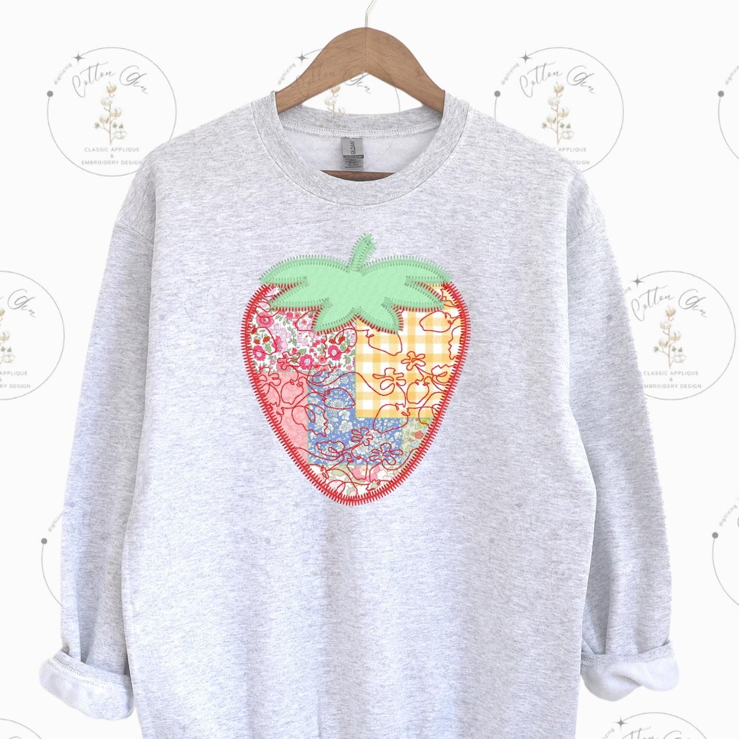 Quilted patchwork Farmhouse Strawberry Applique machine embroidery design download file Cotton Gin Digitizing 4 5 7 8 10 12 inch hoop sizes