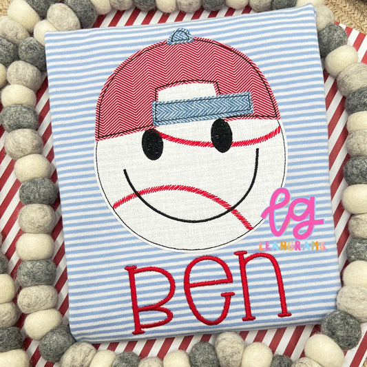 Boy Backwards Baseball Hat Smiley straight stitch applique embroidery machine design download 4x4, 5x5, 6x6, 8x8 by Cotton Gin Digitizing