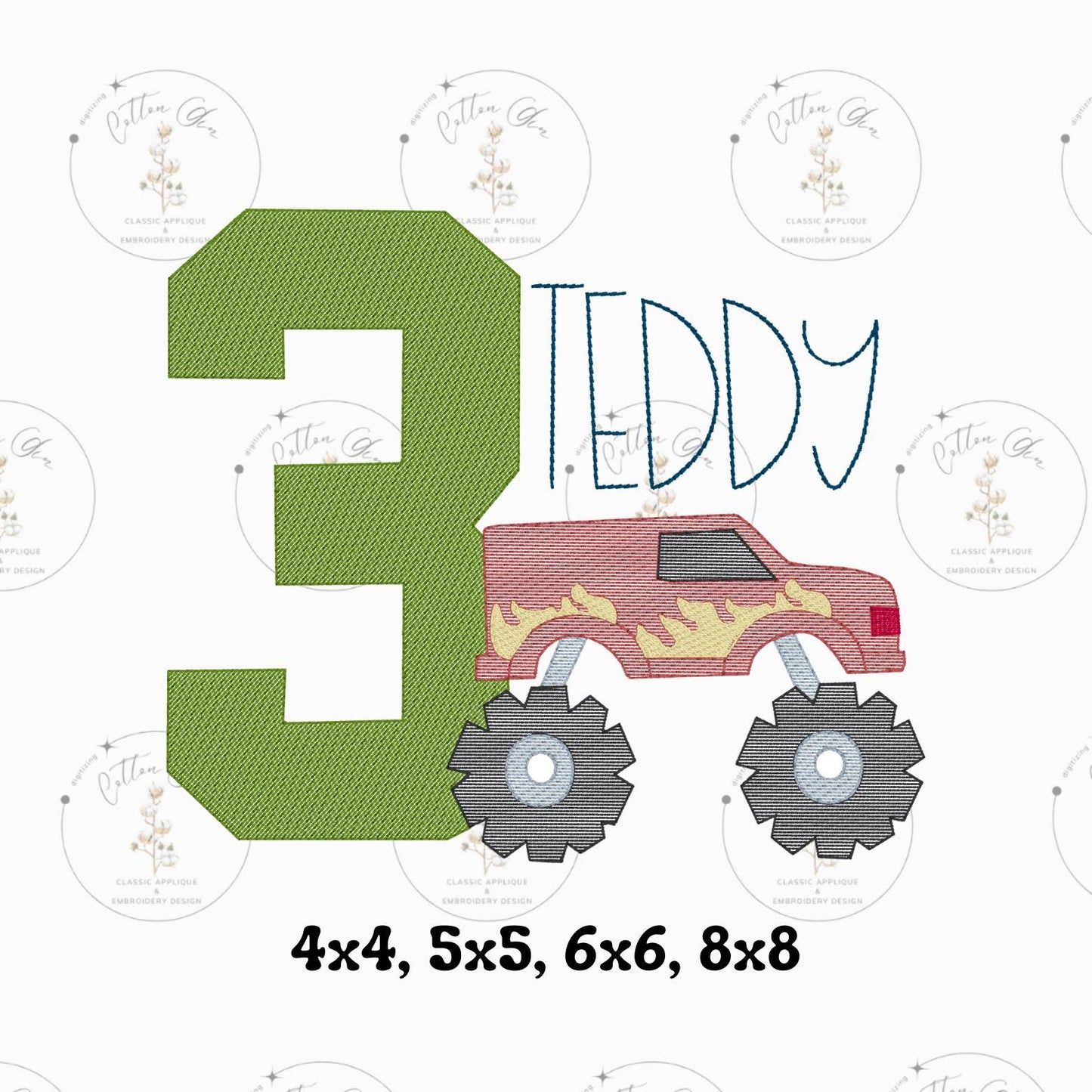 Little Boy monster truck birthday sketch fill, light fill, quick stitch machine embroidery design file by cotton gin digitizing four sizes