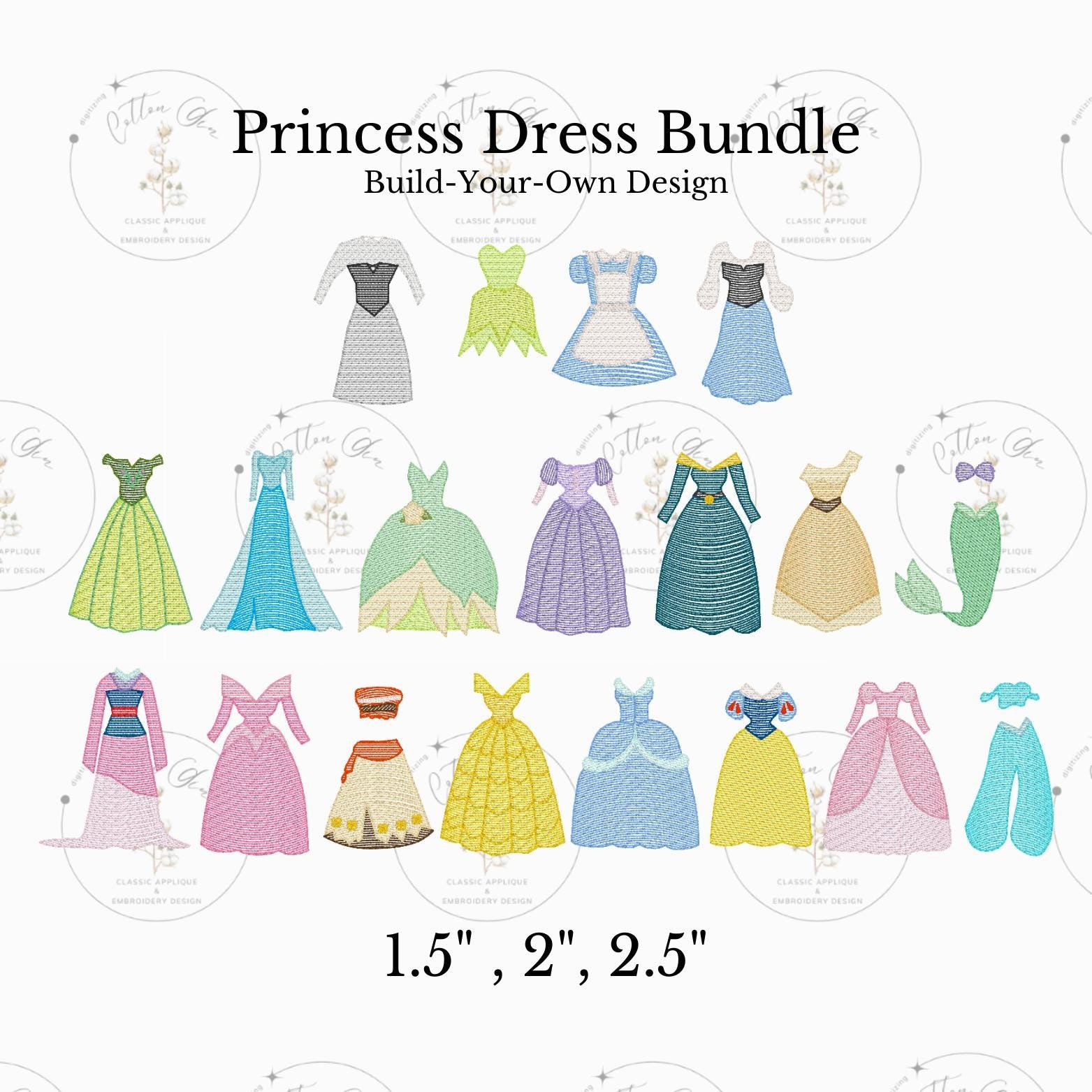 Bundle Set of 19 Princess Dresses sketch fill, light fill, quick stitch embroidery machine design download file by Cotton Gin Digitizing Bundle Set of 19 Princess Dresses sketch fill, light fill, quick stitch embroidery machine design download file by Cotton Gin Digitizing