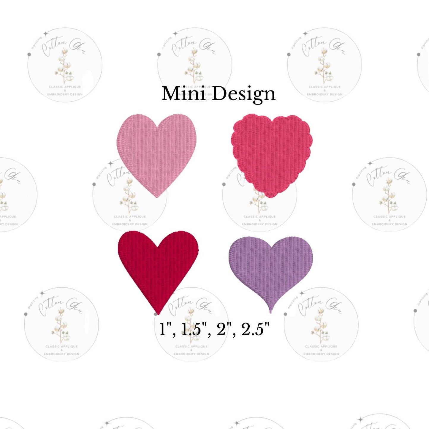 Mini Valentines Day Multiple hearts 6 designs dense, motif fill machine embroidery design download file four sizes by Cotton Gin Embroidery