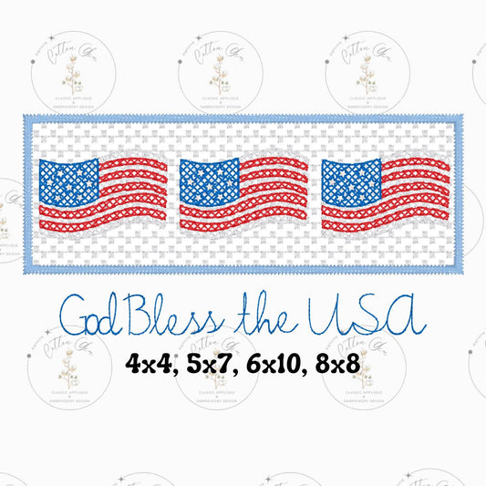 American Flag Trio Patriotic Faux CrossStitch Unisex Design sketch fill, light quick fill machine embroidery design download file four sizes