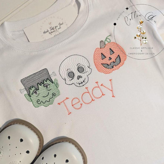 Boy Frankenstein Skull Jack O Lantern sketch fill, light fill, quick stitch machine embroidery design download file 4x4, 5x7, 6x10, 8x8