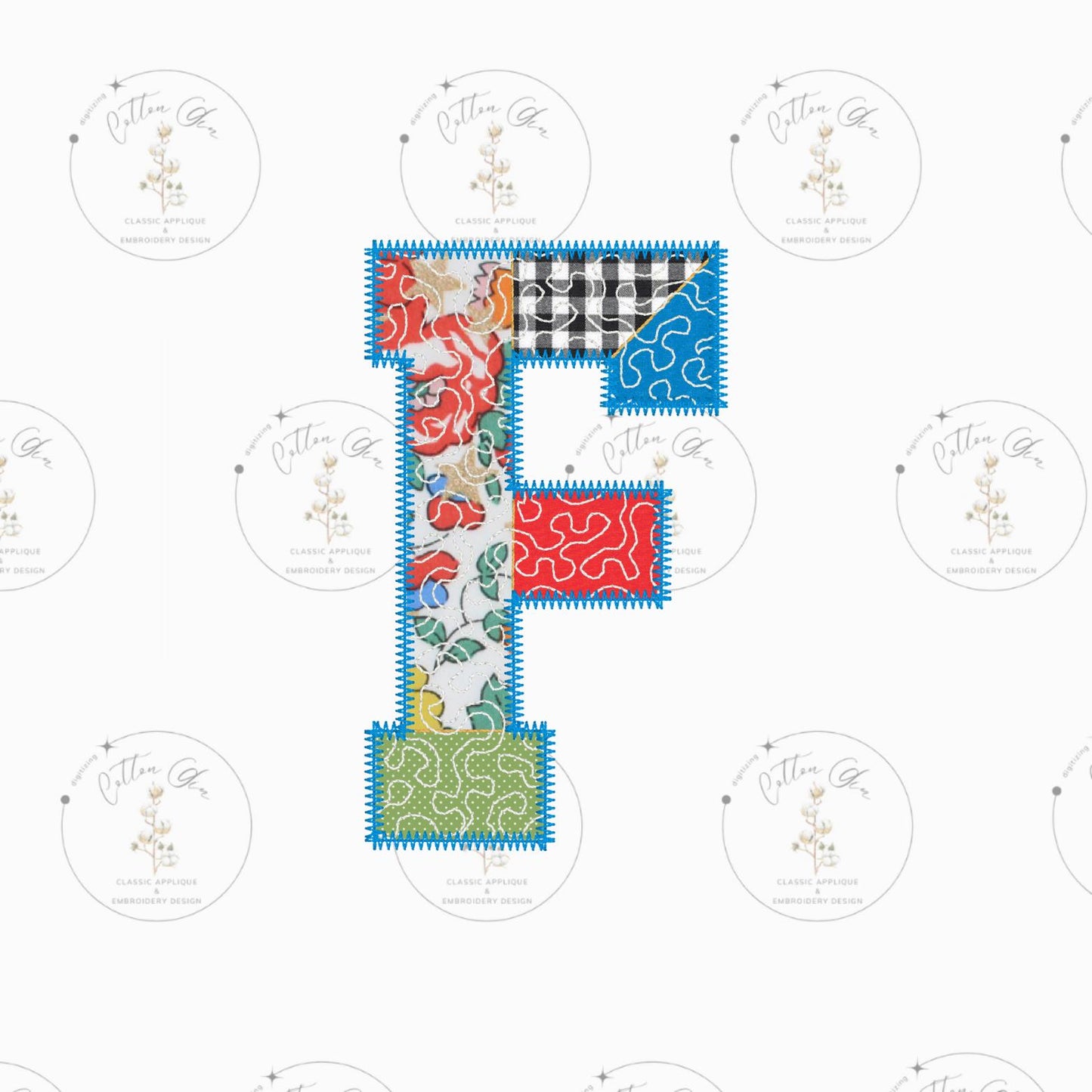 Quilted patchwork Varsity Initial Letter F Applique machine embroidery design file by Cotton Gin Embroidery 4 5 6 7 8 9 10 inch hoop sizes
