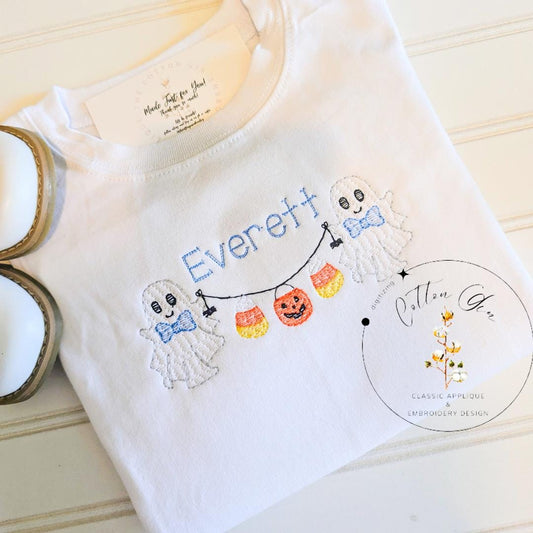 Boy Ghost Banner sketch fill, light fill, quick stitch machine embroidery design download file by Cotton Gin Embroidery 4x4, 5x7, 6x10, 8x8