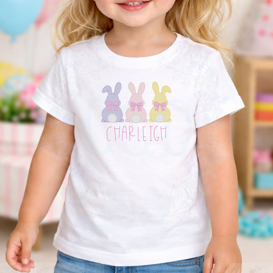 Bunny Trio Embroidery Design, Easter Bunny Back View, Three Bunnies Sketch Stitch, Spring Rabbit Girls Bows Bunny Machine Embroidery File