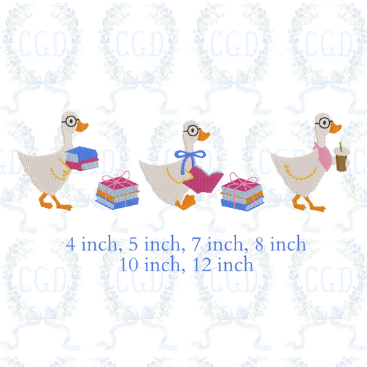 Back To School Silly Goose Duck Book and Iced Coffee Lover Trio motif fill machine embroidery design download file by Cotton Gin Digitizing