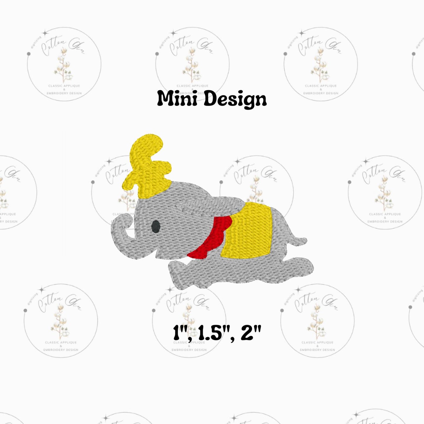 Mini Magical Kingdom Flying Elephant motif stitch, dense fill machine embroidery design download file three sizes Cotton Gin Digitizing