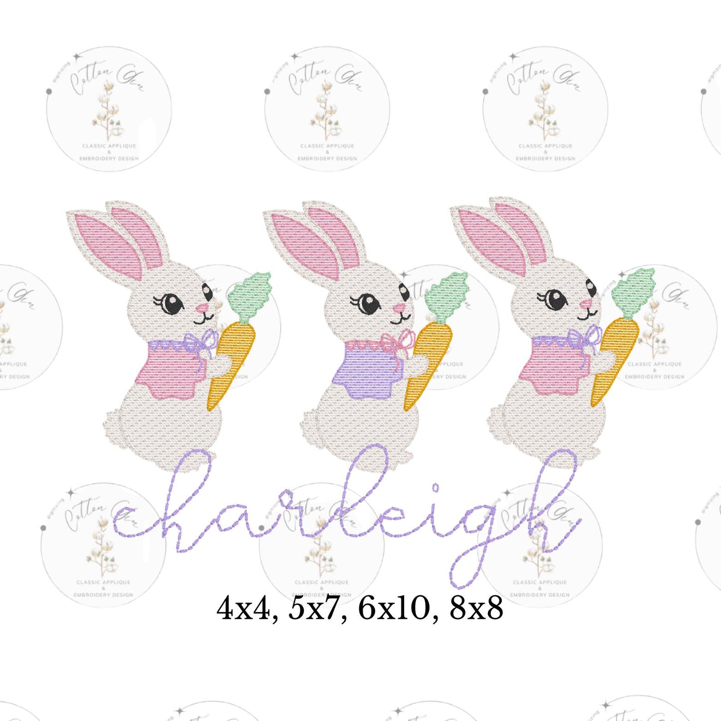 Easter Bunny Girl Rabbit Trio sketch fill, light fill, quick stitch embroidery design download file four sizes by Cotton Gin Digitizing
