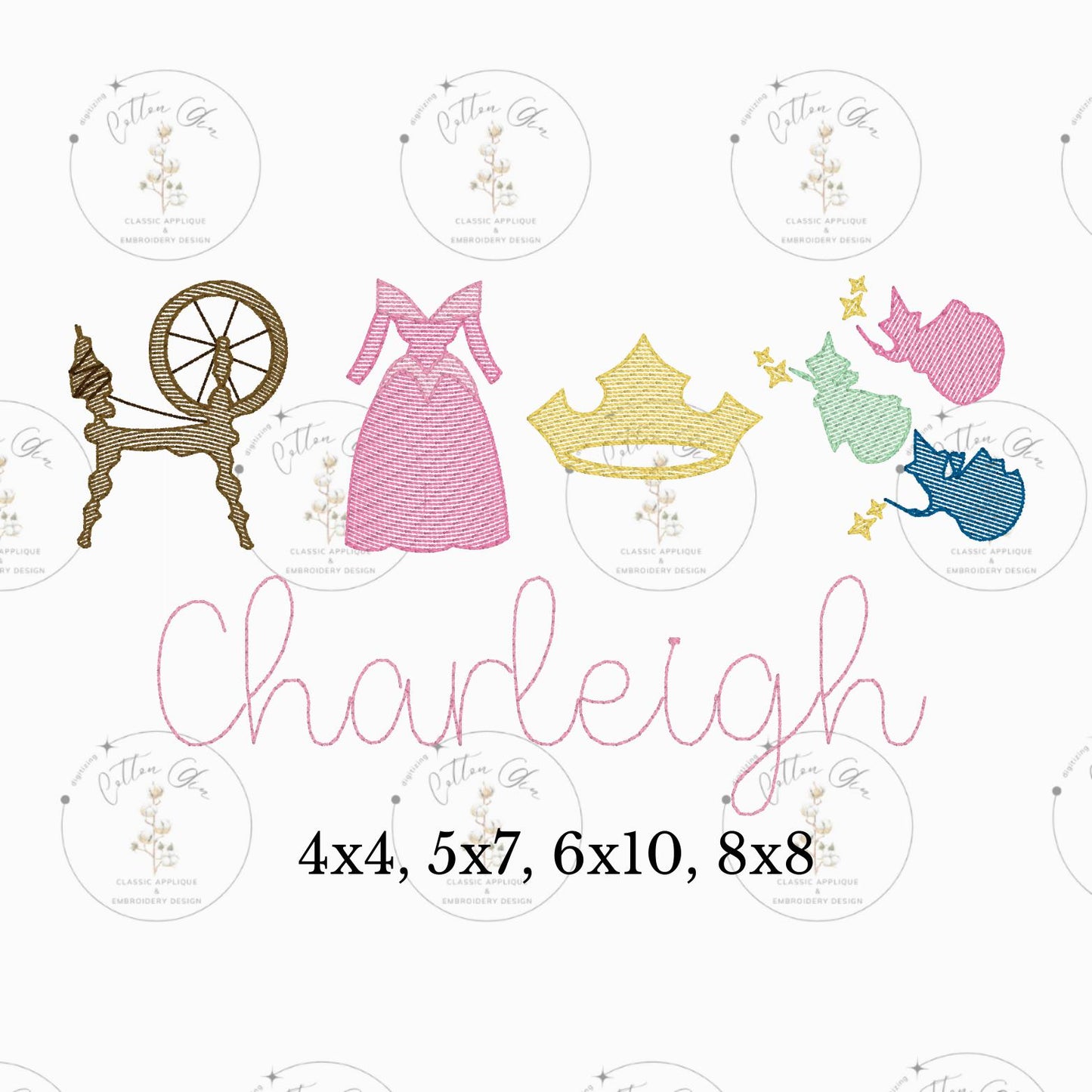 Sleeping Princess sketch fill, light fill, quick stitch embroidery machine design download file 4x4, 5x7, 6x10, 8x8 by Cotton Gin Digitizing