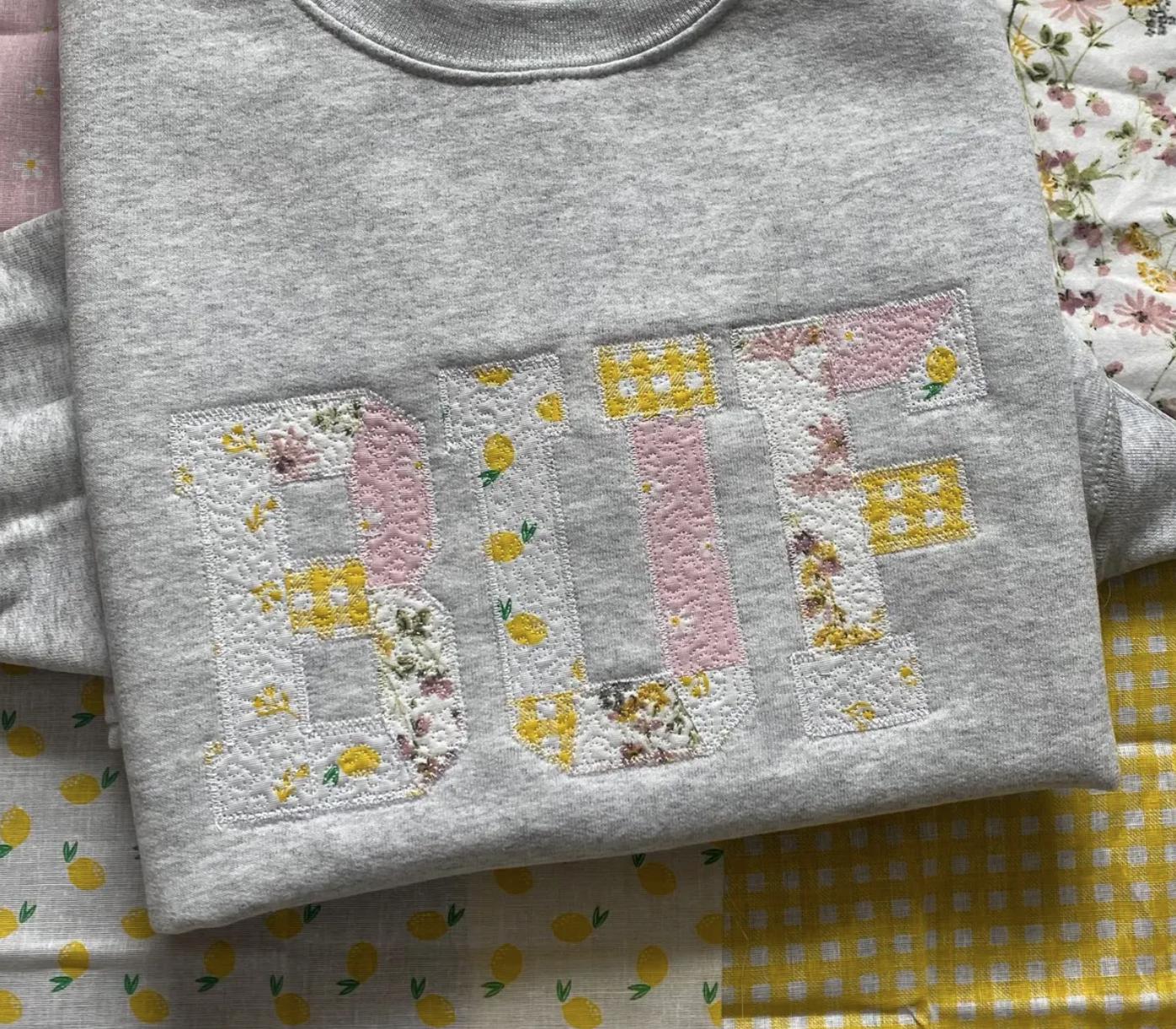 Quilted patchwork Varsity Initial Letter F Applique machine embroidery design file by Cotton Gin Embroidery 4 5 6 7 8 9 10 inch hoop sizes