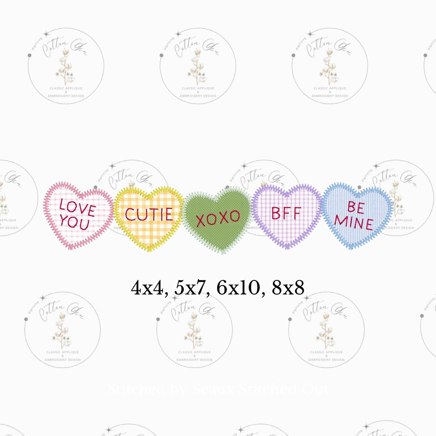 Conversation Hearts Valentines Day zig zag stitch applique machine embroidery design download file four sizes by Cotton Gin 4x4 5x7 6x10 8x8