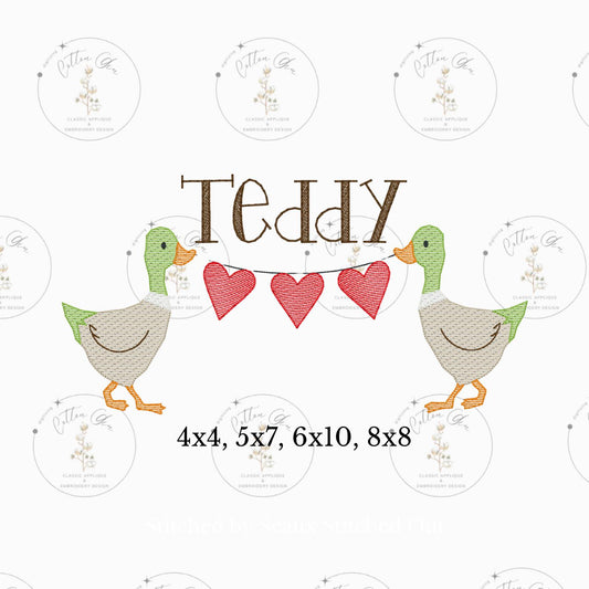 Valentines Day mallard duck with heart banner sketch fill, light fill, quick stitch machine embroidery design download file four sizes