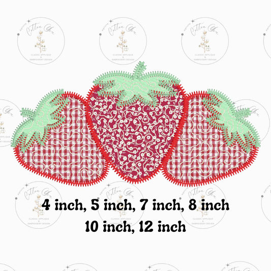 Quilted patchwork Strawberry Trio Applique machine embroidery design file instant download zig zag stitch by cotton gin digitizing 6 sizes