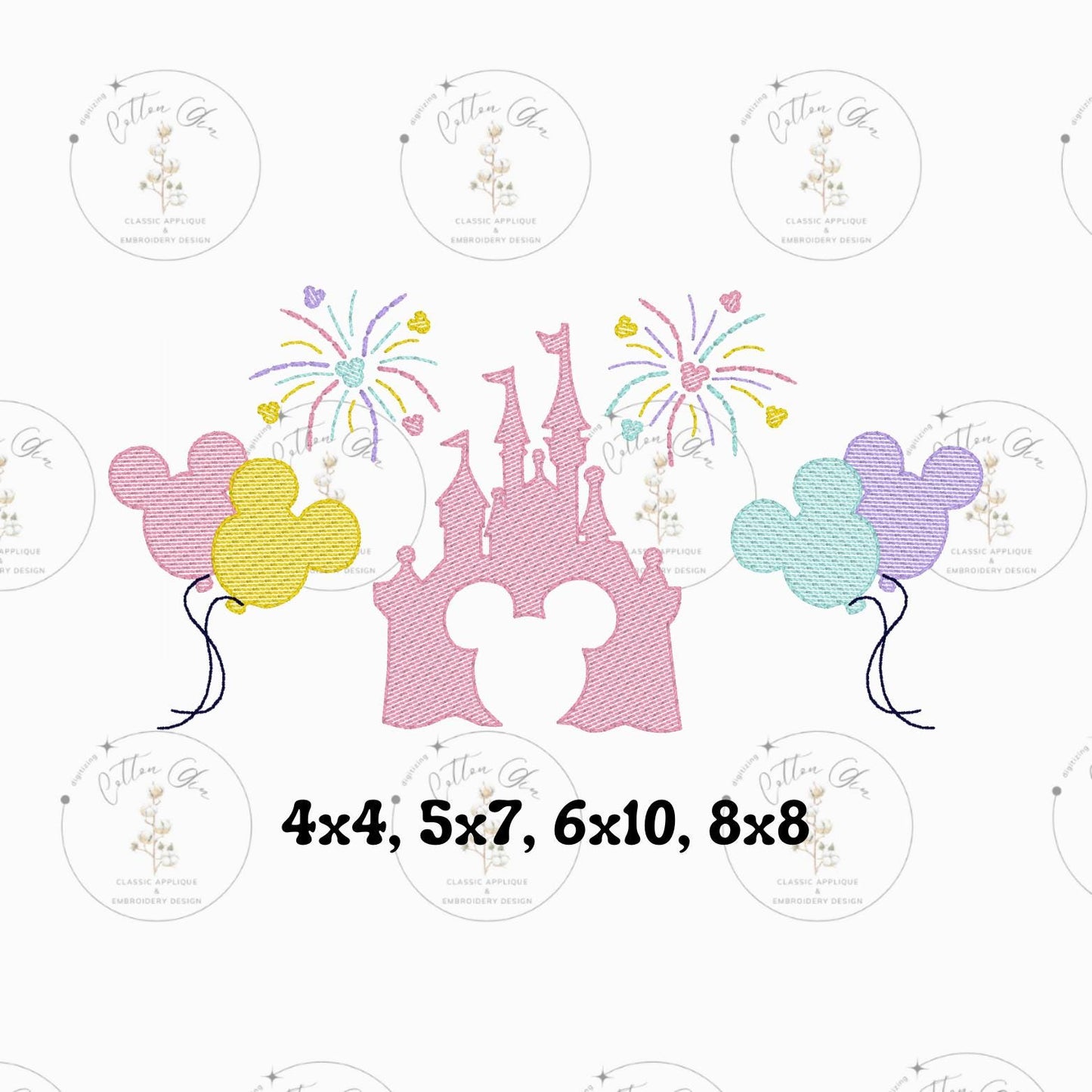 Mouse Head Theme Park Castle sketch fill, quick stitch embroidery machine design download file 4x4, 5x7, 6x10, 8x8 by Cotton Gin Digitizing