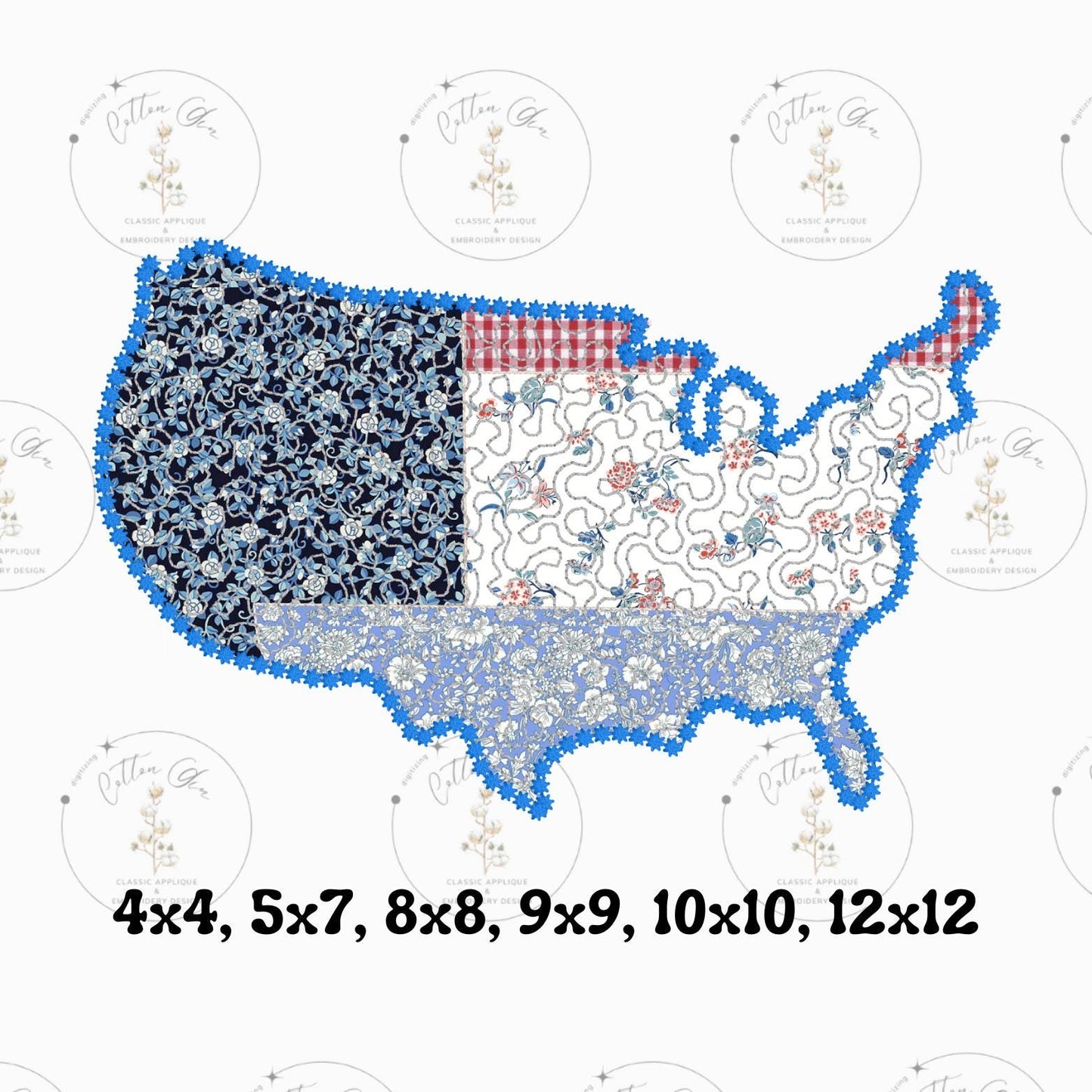 Quilted patchwork United States Star Applique machine embroidery design download file by Cotton Gin Embroidery 4 5 8 9 10 12 inch hoop sizes