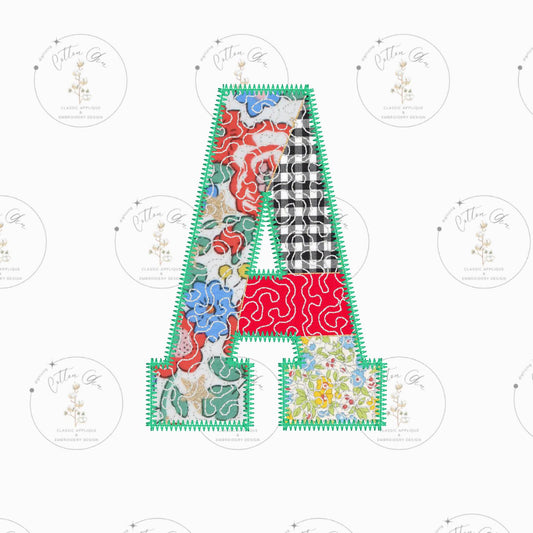Quilted patchwork Varsity Initial Letter A Applique machine embroidery design file by Cotton Gin Embroidery 4 5 6 7 8 9 10 inch hoop sizes