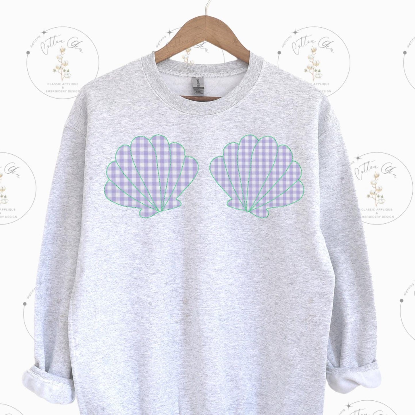 Summer Mermaid Bikini Sea Shell Top Bean Stitch Applique machine embroidery design instant download by Cotton Gin Digitizing four sizes