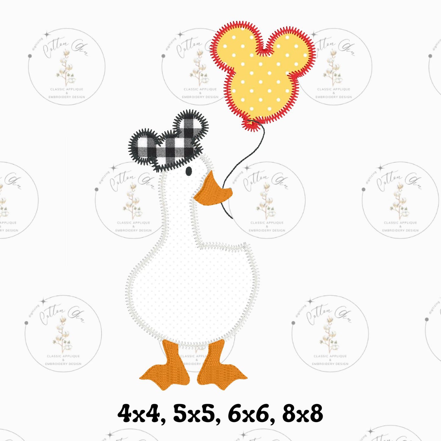 Lucky Duck with Balloon and Mouse Ears Zig Zag stitch Applique machine embroidery design download file four sizes by Cotton Gin Digitizing