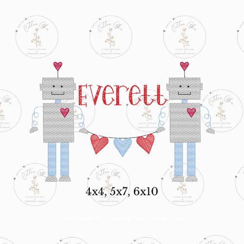 Valentines Day heart robot with heart trio banner sketch fill, light fill, quick stitch machine embroidery design by cotton gin digitizing