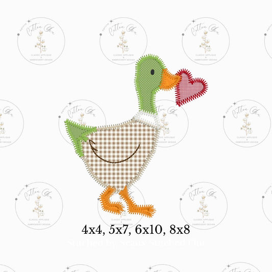 Valentines Day mallard duck with heart zig zag applique stitch machine embroidery design instant download file four sizes 4x4 5x7 6x10 8x8