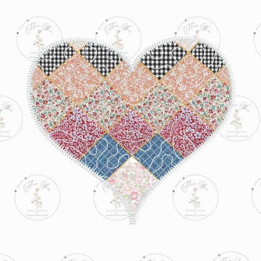 Quilted patchwork Valentines Day Heart Applique machine embroidery design file by Cotton Gin Embroidery 4 5 6 7 8 9 10 inch hoop sizes