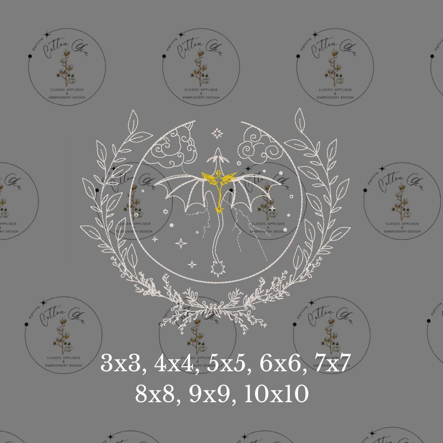 Circle Floral Dragon Lightening Romantasy dense fill embroidery machine design download file 3x3 to 10x10 8 sizes by Cotton Gin Digitizing