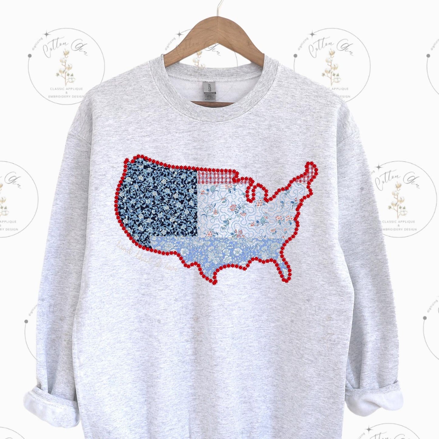 Quilted patchwork United States Star Applique machine embroidery design download file by Cotton Gin Embroidery 4 5 8 9 10 12 inch hoop sizes