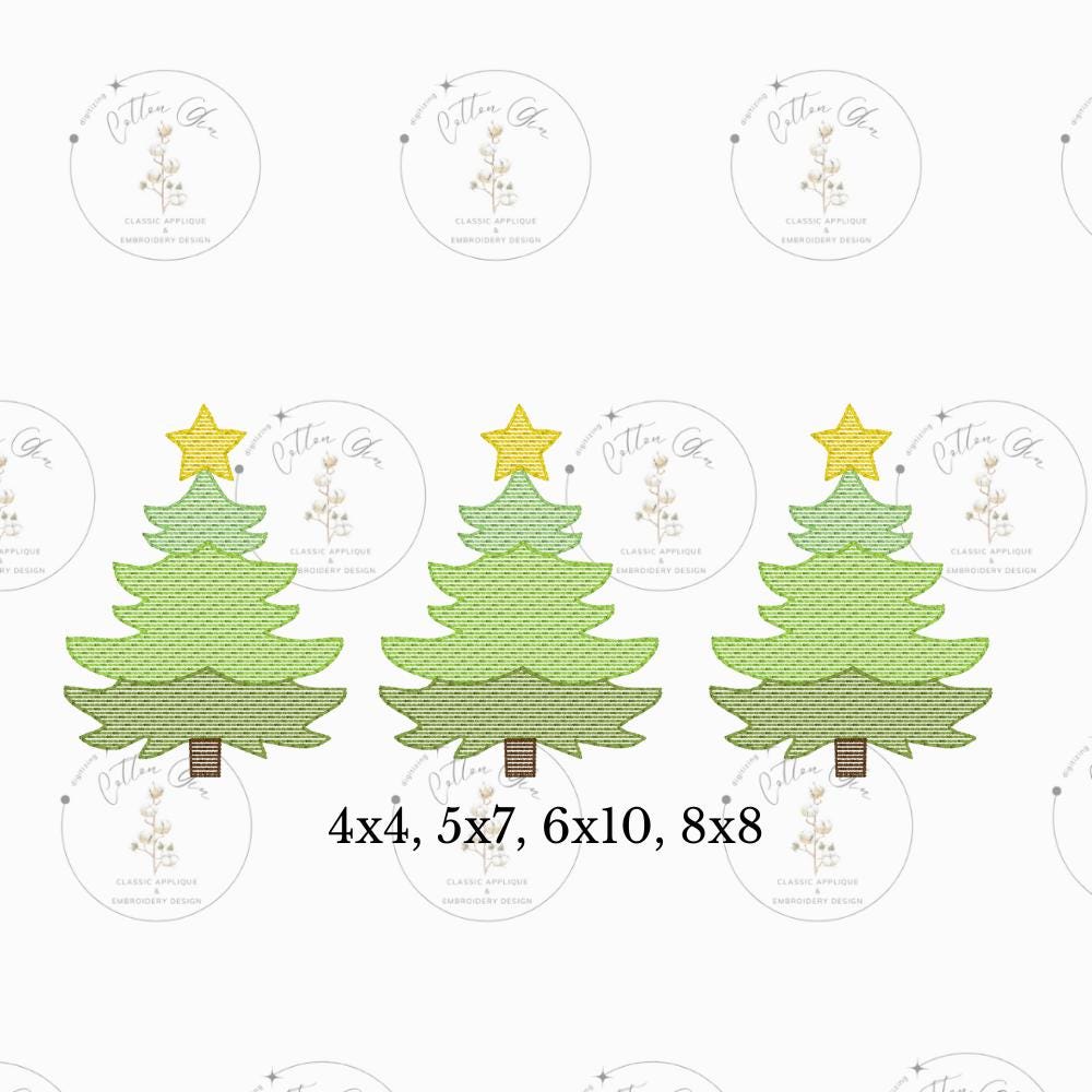 Christmas Tree with Star Trio fill, light quick stitch machine embroidery design download file Cotton Gin Embroidery 4x4, 5x7, 6x10, 8x8