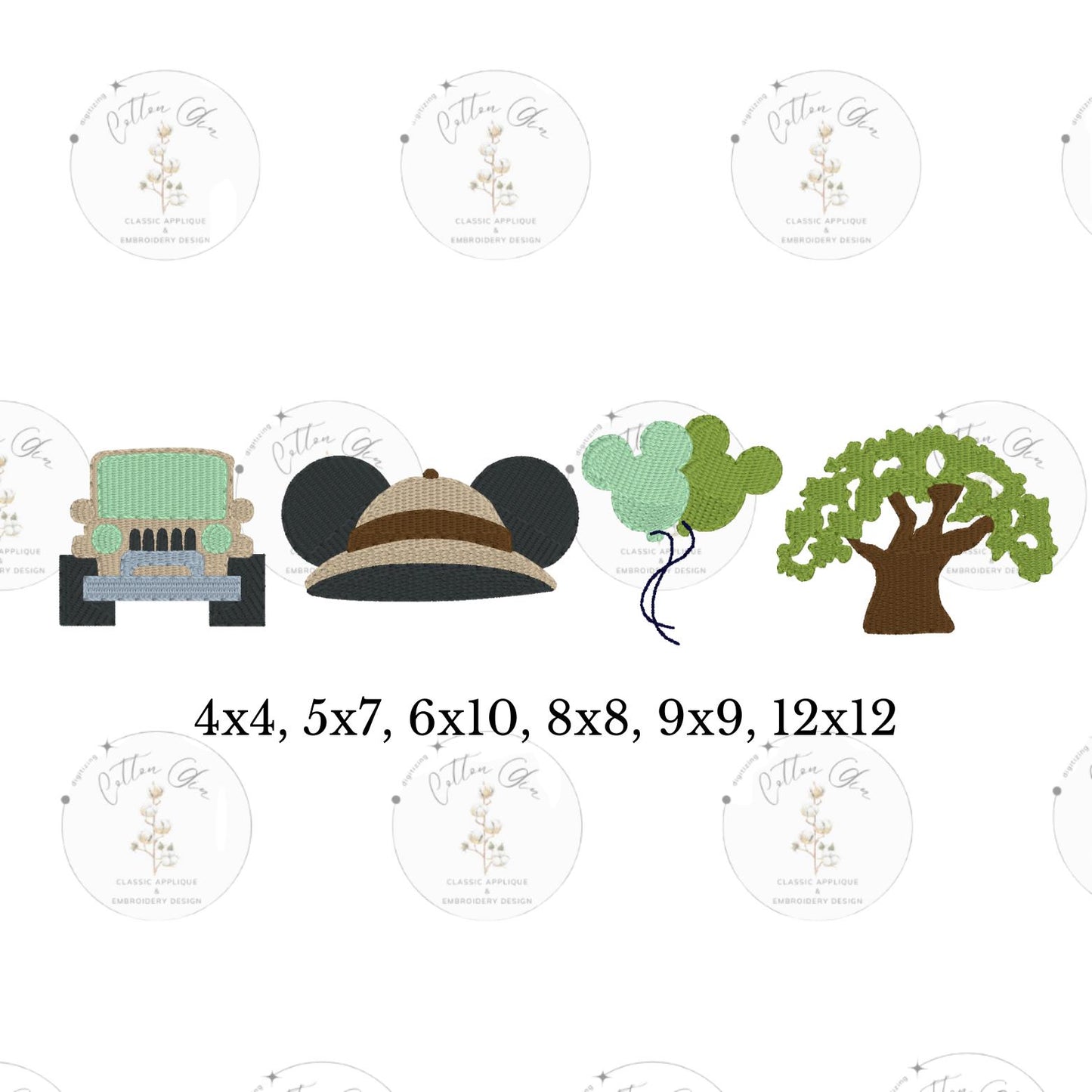 Popular Mouse Safari Theme Park dense fill embroidery machine design download file 4x4, 5x7, 6x10, 8x8, 9x9, 12x12 by Cotton Gin Digitizing