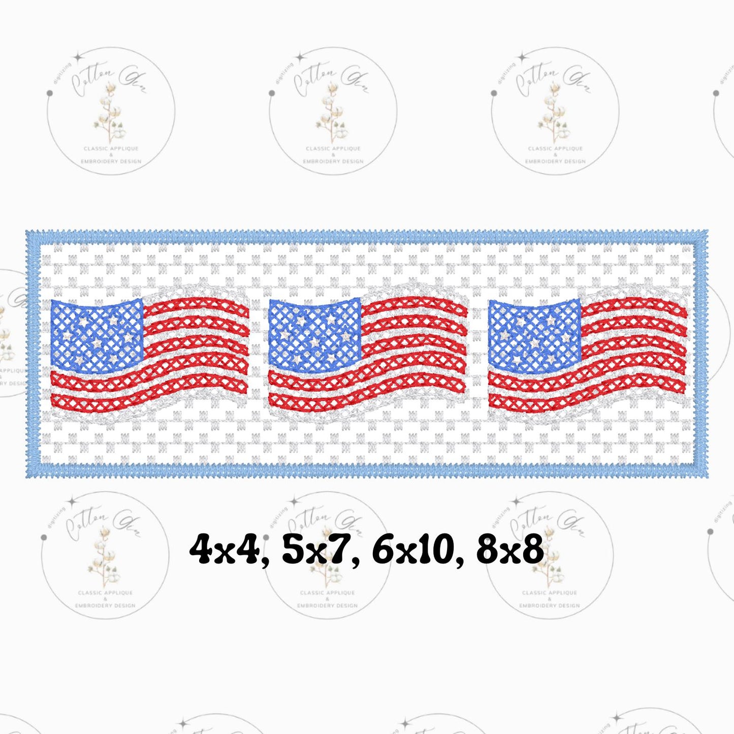 American Flag Trio Patriotic Faux CrossStitch Unisex Design sketch fill, light quick fill machine embroidery design download file four sizes