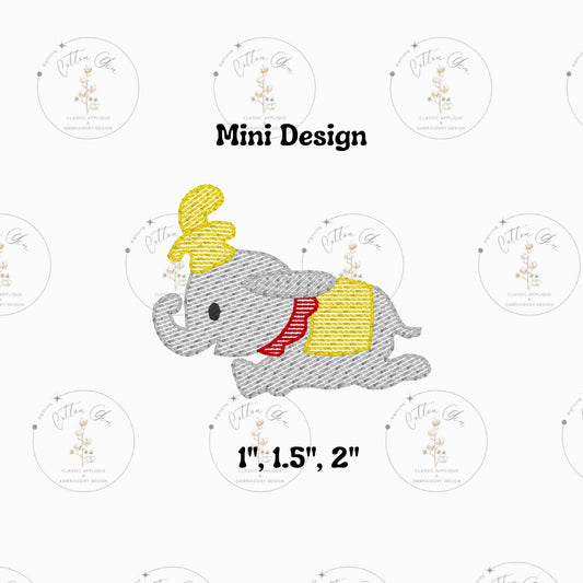 Mini Magical Kingdom Flying Elephant sketchy stitch, light fill machine embroidery design download file three sizes Cotton Gin Digitizing
