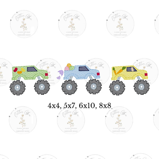 Easter Bunny Eggs monster truck trio sketch fill, light fill, quick stitch machine embroidery design file by cotton gin digitizing 4 sizes