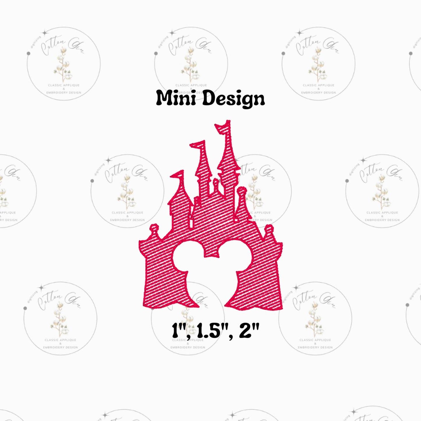 Mini Mouse Head Princess Castle sketchy stitch, light fill machine embroidery design download file three sizes Cotton Gin Digitizing