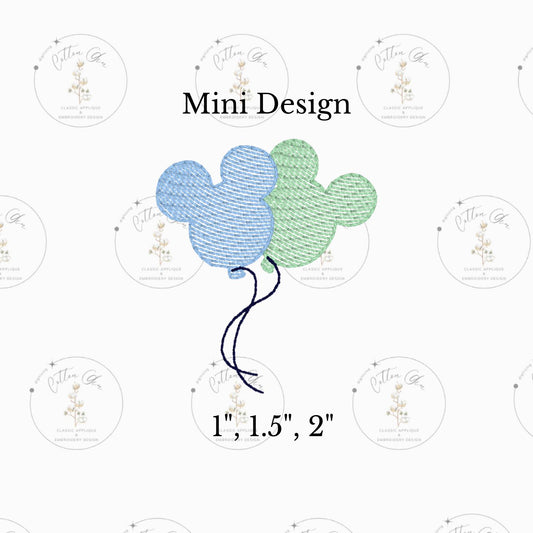 Mini Double Mouse Head Balloons sketchy stitch, light fill machine embroidery design download file three sizes Cotton Gin Digitizing