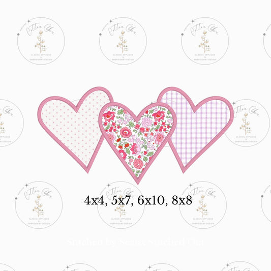 Valentines Day heart trio satin stitch applique machine embroidery instant download design file by cotton gin digitizing 4 sizes