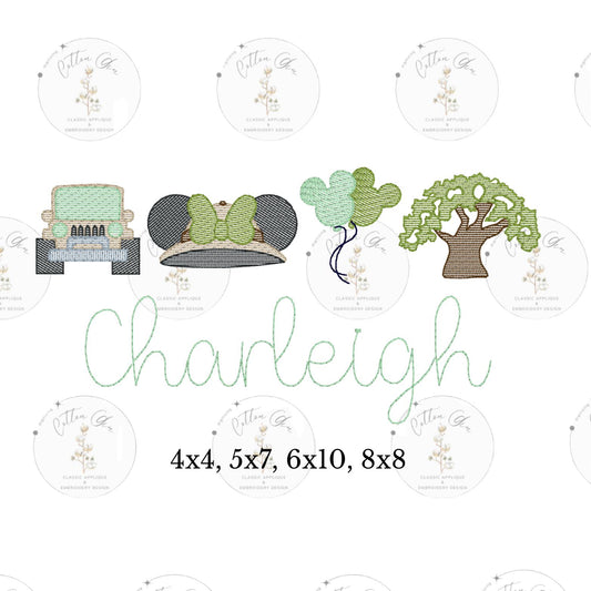 Popular Mouse Safari Theme Park sketch fill stitch embroidery machine design download file 4x4, 5x7, 6x10, 8x8 by Cotton Gin Digitizing