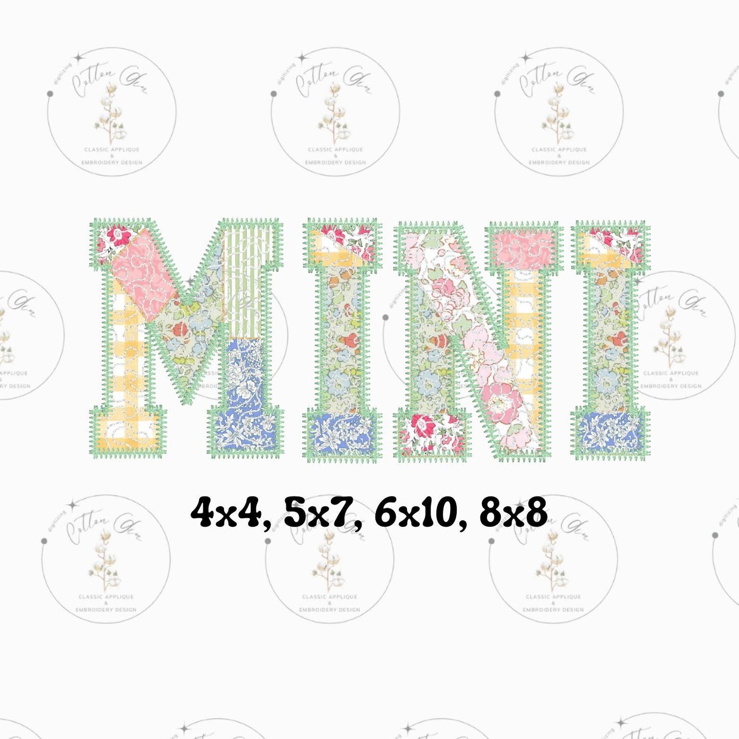 Quilted patchwork Varsity Mini Applique machine embroidery design file by Cotton Gin Embroidery 4x4 5x7 6x10 8x8 hoop sizes