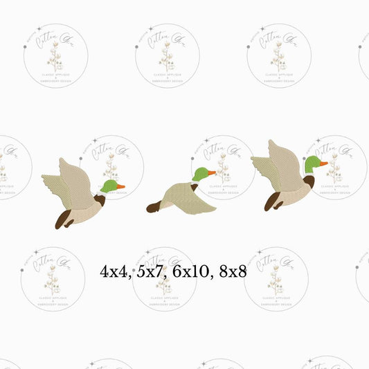 Flying Mallard Duck Trio dense fill, thick fill, instant machine embroidery design download file by Cotton Gin Digitizing four sizes