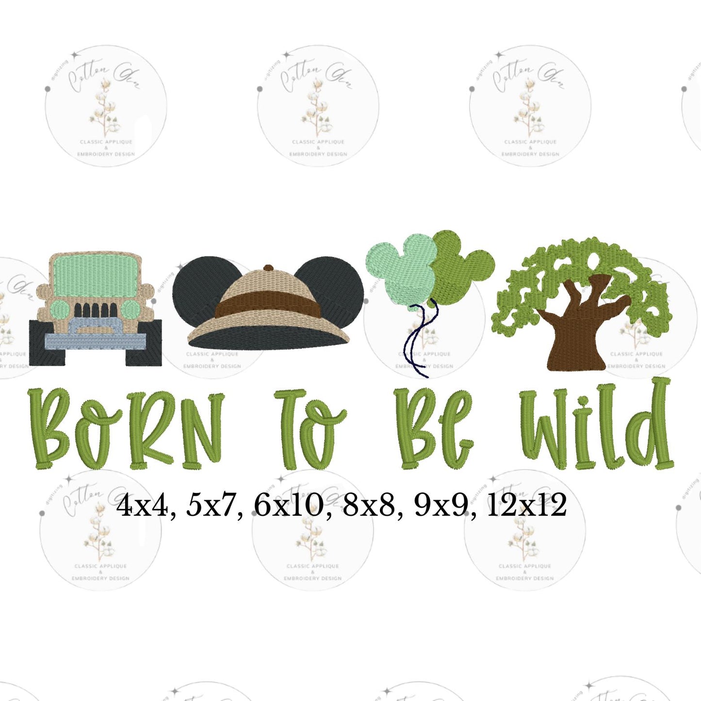 Popular Mouse Safari Theme Park dense fill embroidery machine design download file 4x4, 5x7, 6x10, 8x8, 9x9, 12x12 by Cotton Gin Digitizing