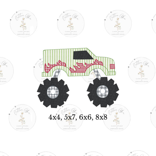 Little Boy monster truck with fire detailing bean straight stitch applique embroidery machine design 4 sizes by Cotton Gin Digitizing