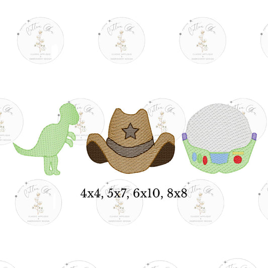 Cowboy Hat TRex Astronaut sketch fill, quick stitch embroidery machine design download file 4x4, 5x7, 6x10, 8x8 by Cotton Gin Digitizing