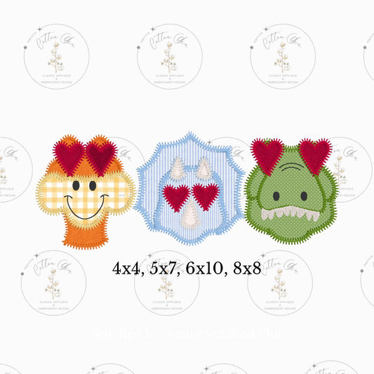Dinosaur Valentines Day Heart Eyes Face Trio zig zag stitch applique machine embroidery design download file four sizes by Cotton Gin