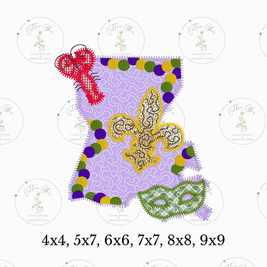 Quilted Louisiana Mardi Gras Applique machine embroidery instant download design file by Cotton Gin Digitizing 4 5 6 7 8 9 inch hoop sizes