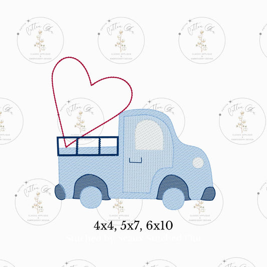 Valentines Day heart truck with heart sketch fill, light fill, quick stitch machine embroidery design file by cotton gin digitizing 3 sizes