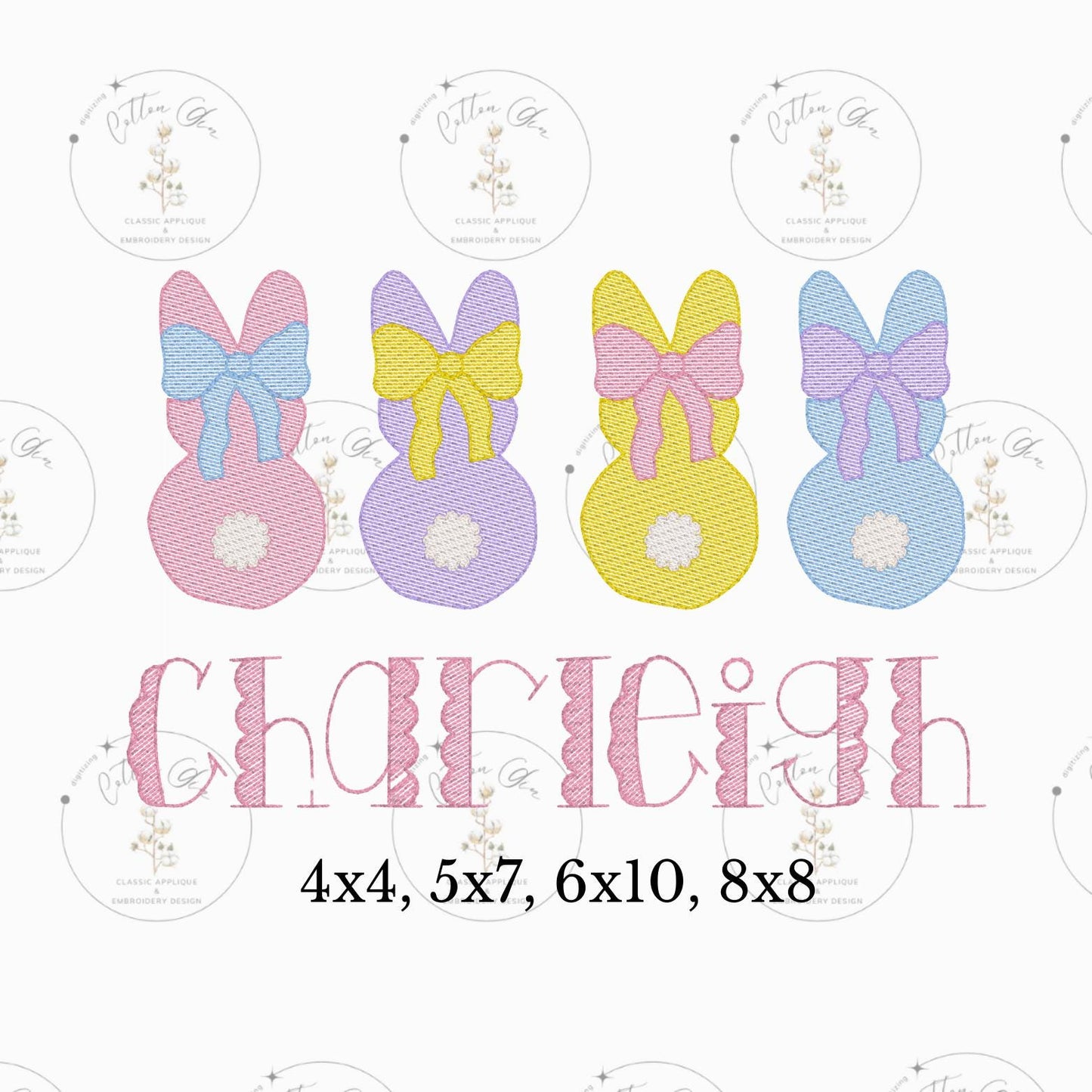 Easter candy bunny puffy cotton tail for girls sketch fill, light fill, quick stitch machine embroidery design file by cotton gin digitizing
