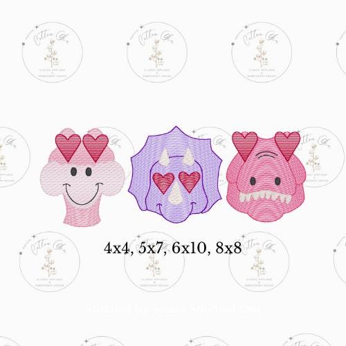 Dinosaur Valentines Day Heart Eyes Face Trio quick light stitch applique machine embroidery design download file four sizes by Cotton Gin