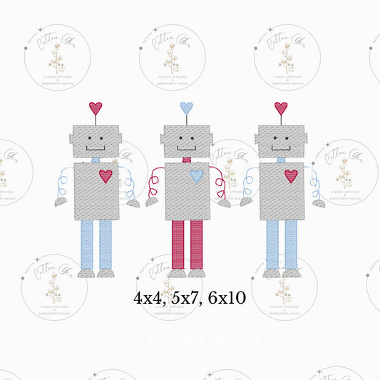 Valentines Day heart robot with heart trio sketch fill, light fill, quick stitch machine embroidery design file by cotton gin digitizing 5x7