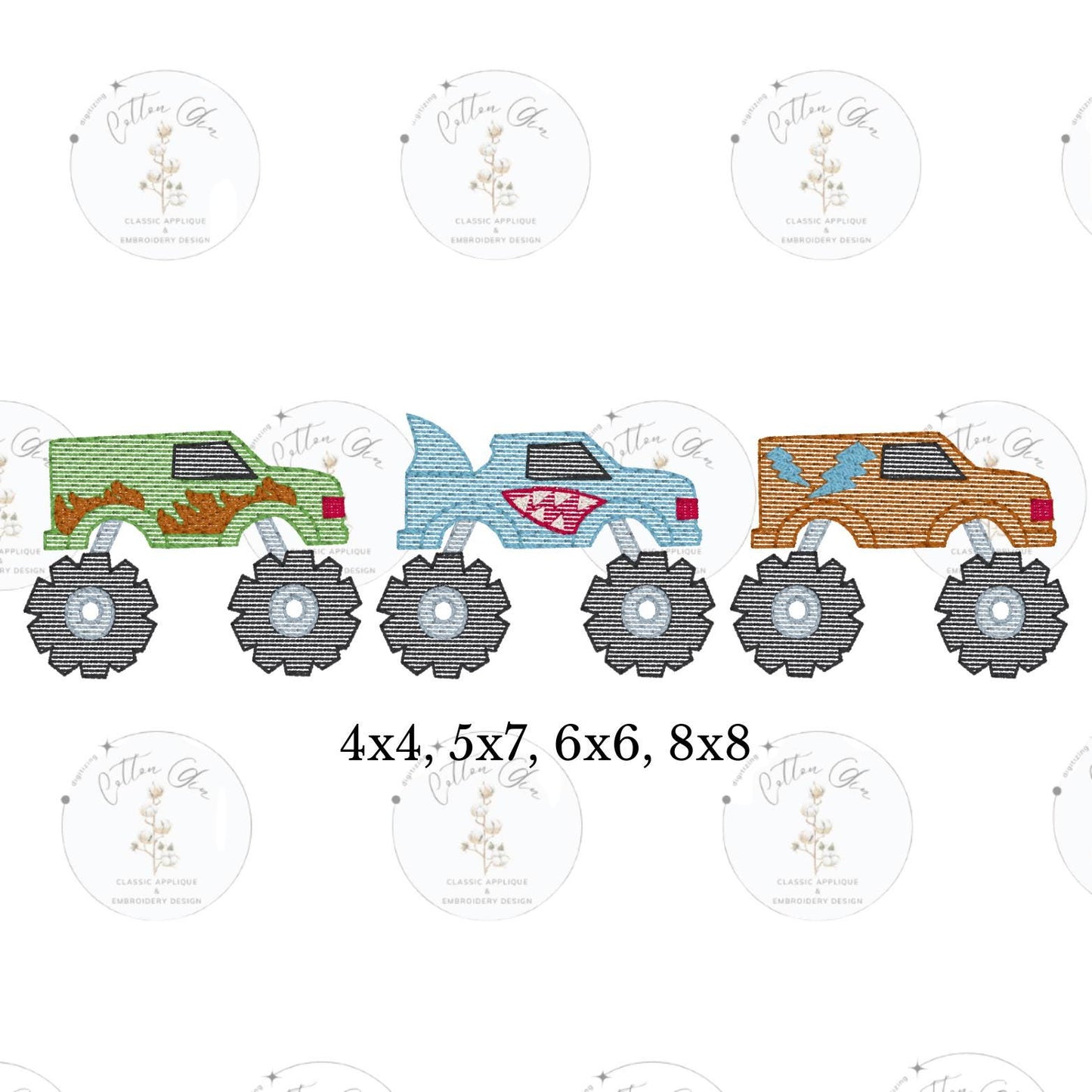 Little Boy monster truck trio sketch fill, light fill, quick stitch machine embroidery design file by cotton gin digitizing four sizes