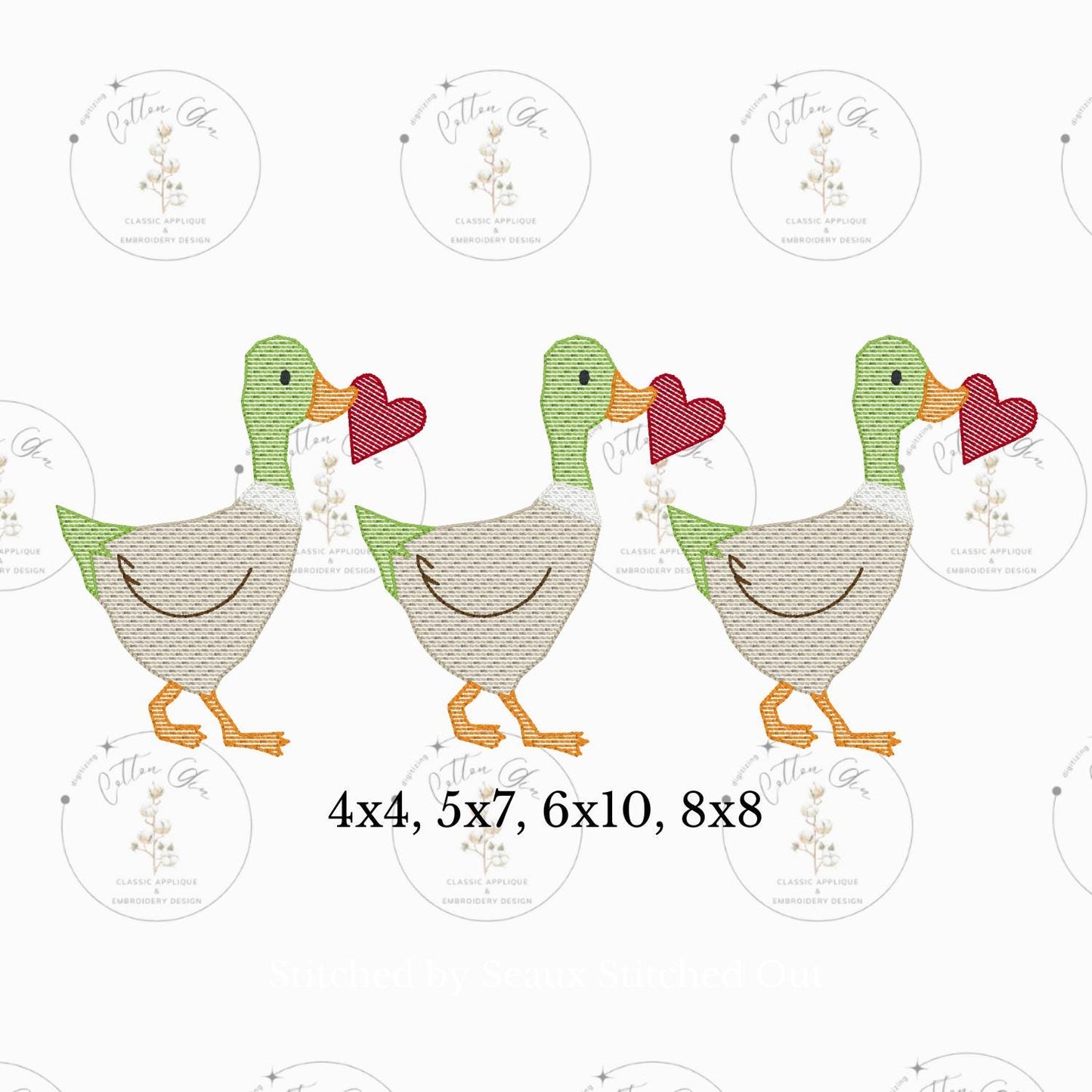 Valentines Day mallard duck with heart trio sketch fill, light fill, quick stitch machine embroidery design download file one inch two inch